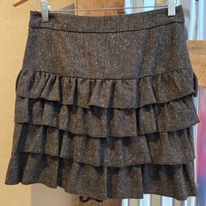 Loft Brown Tweed Mini Tight Skirt Sz 2 4 Rows Of Ruffles Wool Blend